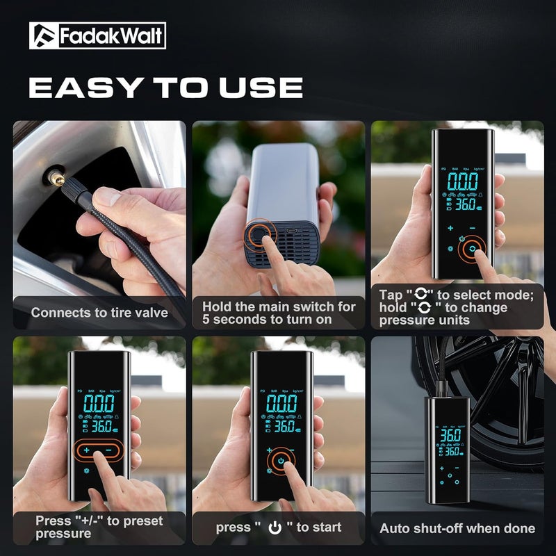 FADAKWALT Tire Inflator Portable Air Compressor, 150 PSI Cordless Air Pump with Digital Pressure Gauge, LED Light, Auto Shut-Off, for Car, Motorcycle, Bike, Ball – Not for Truck Tires - Image 3